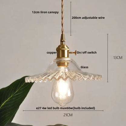Modern ribbed clear glass led pendant light with brass fixture, decorbites clear glass, and scalloped edges shade