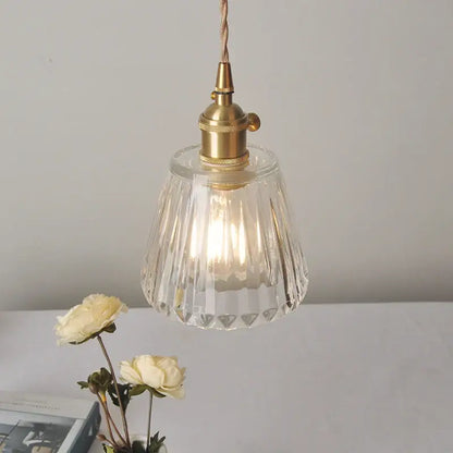 Modern ribbed clear glass led pendant light with faceted decorbites clear glass and brass fixture for kitchen decor