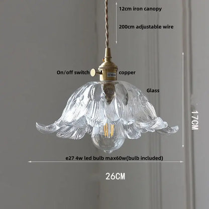 Modern ribbed clear glass led pendant light with delicate petal design and brass-colored copper switch for decorbites pendant light