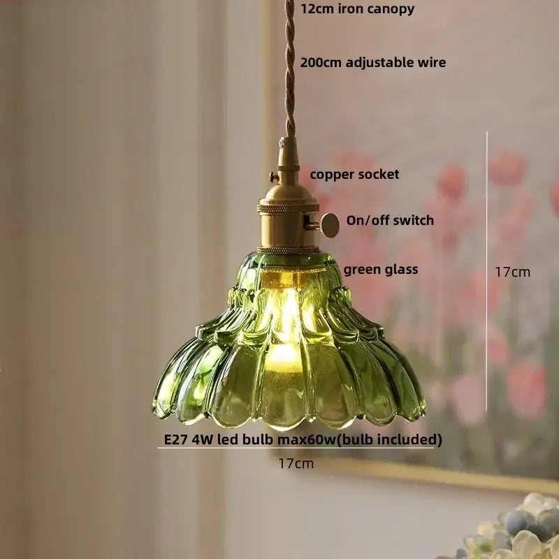 Vintage-style pendant light with green scalloped glass shade and brass copper socket for decorbites clear glass led fixture