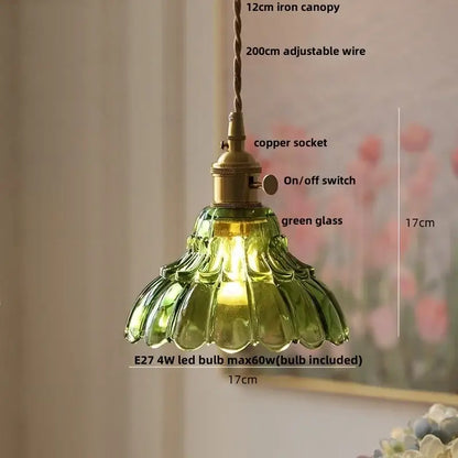 Vintage-style pendant light with green scalloped glass shade and brass copper socket for decorbites clear glass led fixture