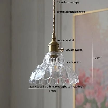Modern ribbed clear glass led pendant light with fluted petal design and brass copper socket by decorbites pendant light