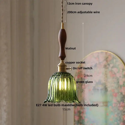 Modern ribbed decorbites clear glass led pendant light with green glass, walnut iron canopy, and copper socket for kitchen decor