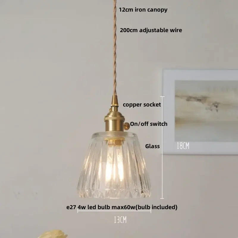 Modern ribbed clear glass led pendant light with fluted decorbites clear glass shade and brass-finished copper socket