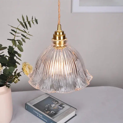 Modern ribbed clear glass pendant light with brass fixture and twisted cord by decorbites clear glass for kitchen decor