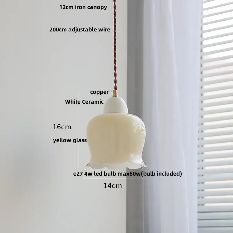 Modern ribbed copper white glass pendant lamp with yellow bell-shaped shade and copper white decorbites accents for living room decor