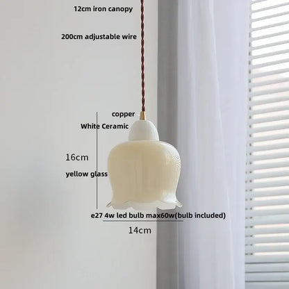 Modern ribbed copper white glass pendant lamp with yellow bell-shaped shade and copper white decorbites accents for living room decor