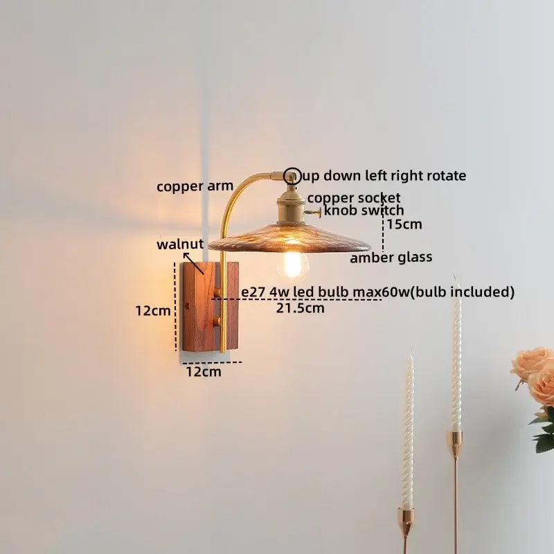 Modern ribbed glass and walnut wall lights featuring a warm amber glass lamp with ceramic walnut led base for decorbites design