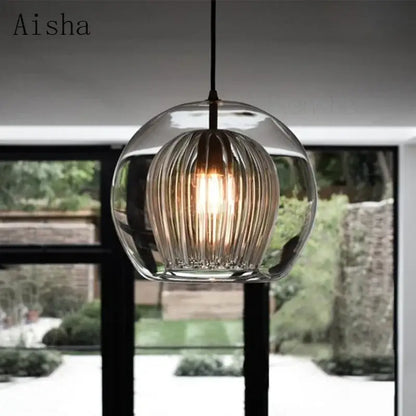 Modern ribbed decorbites glass ball led pendant light with clear glass and exposed filament bulb for kitchen decor