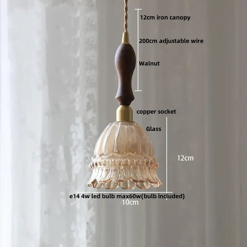 Modern ribbed glass brass led pendant light with translucent amber fluted glass and dark walnut handle for dining room decorbites brass led
