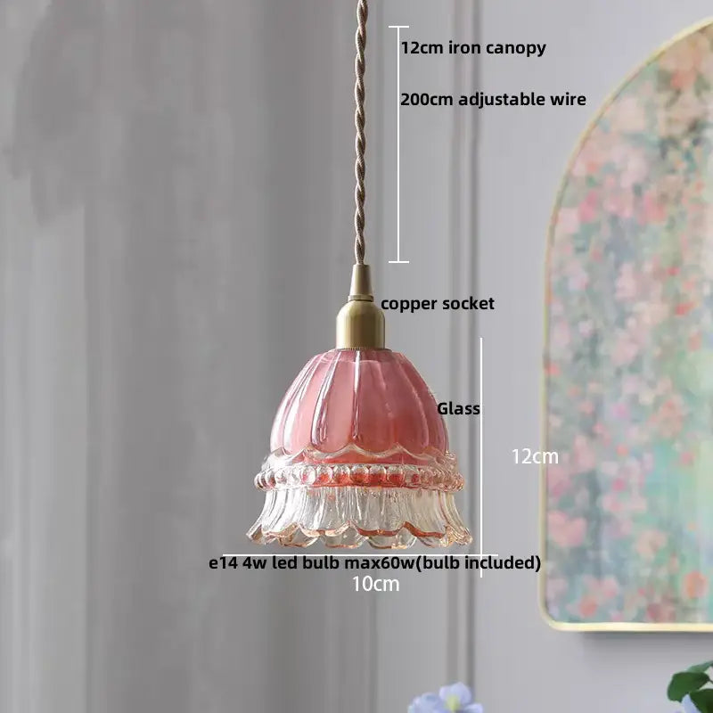 Modern ribbed pink glass brass led pendant light with fluted ruffled design for dining room decorbites brass led pendant
