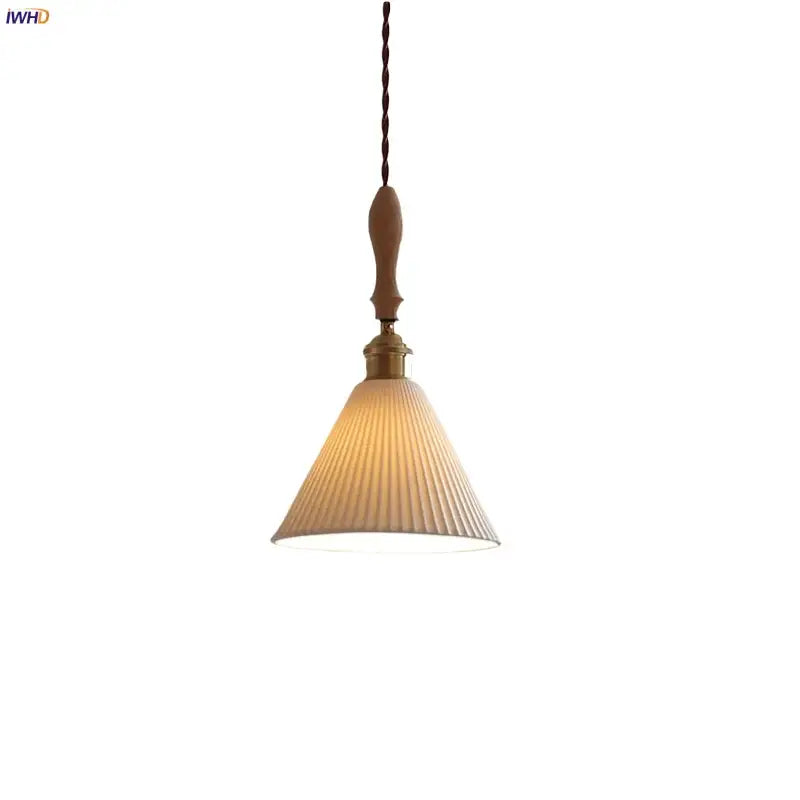 Modern ribbed glass ceramic led pendant lamp with warm tones brass finish and wooden handle for dining room decorbites ceramic led