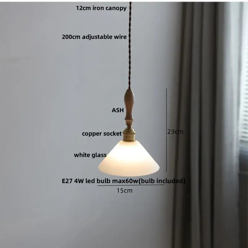 Modern ribbed glass ceramic led pendant lamp with white shade, copper socket, ash wood finial, and iron canopy decorbites ceramic led