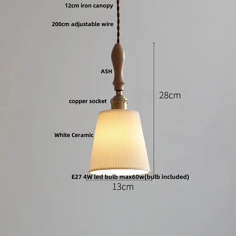 Modern ribbed glass ceramic led pendant lamp with warm tones, iron canopy, ash wood handle, and white ceramic shade for dining room decorbites ceramic led