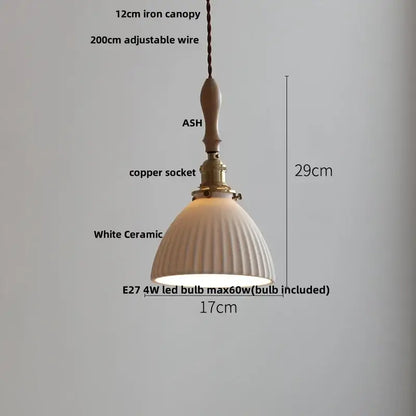 Modern ribbed ceramic led pendant lamp with white fluted design, ash wood canopy, and copper socket by decorbites