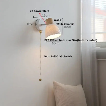 Modern ribbed glass ceramic led wall light with white ceramic body wooden top and iron mount featuring e27 4w led bulb