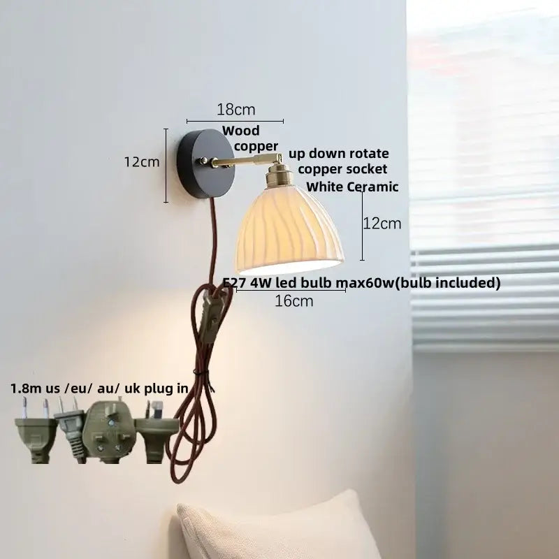 Modern ribbed glass copper led wall lamp with wood and copper base white ceramic shade and adjustable rotating socket for bedroom decorbites copper led