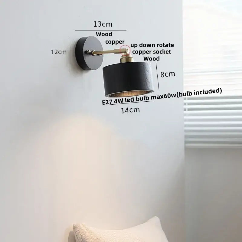 Modern black wall lamp with ribbed glass copper led, wood accents, and copper led wall decorbites pull chain design