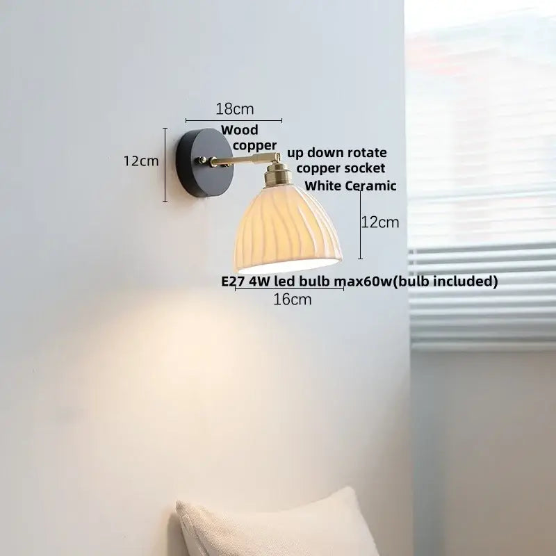 Modern ribbed glass copper led wall lamp with white ceramic bell-shaped shade and copper led wall decorbites pull chain