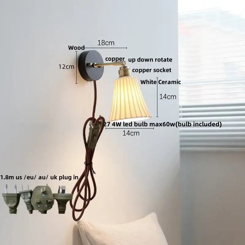 Modern ribbed glass copper led wall lamp with black wooden base, white pleated ceramic shade, and decorbites copper led design