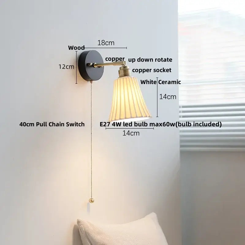 Vintage-style wall lamp with dark wood base, copper led arms, and white pleated ceramic shade from decorbites copper led