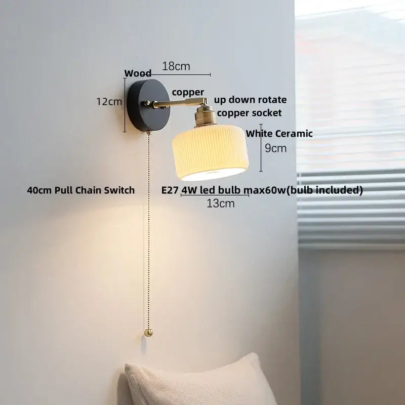 A vintage-style wall lamp with black wooden backplate copper led wall arm and white ceramic shade for decorbites copper led