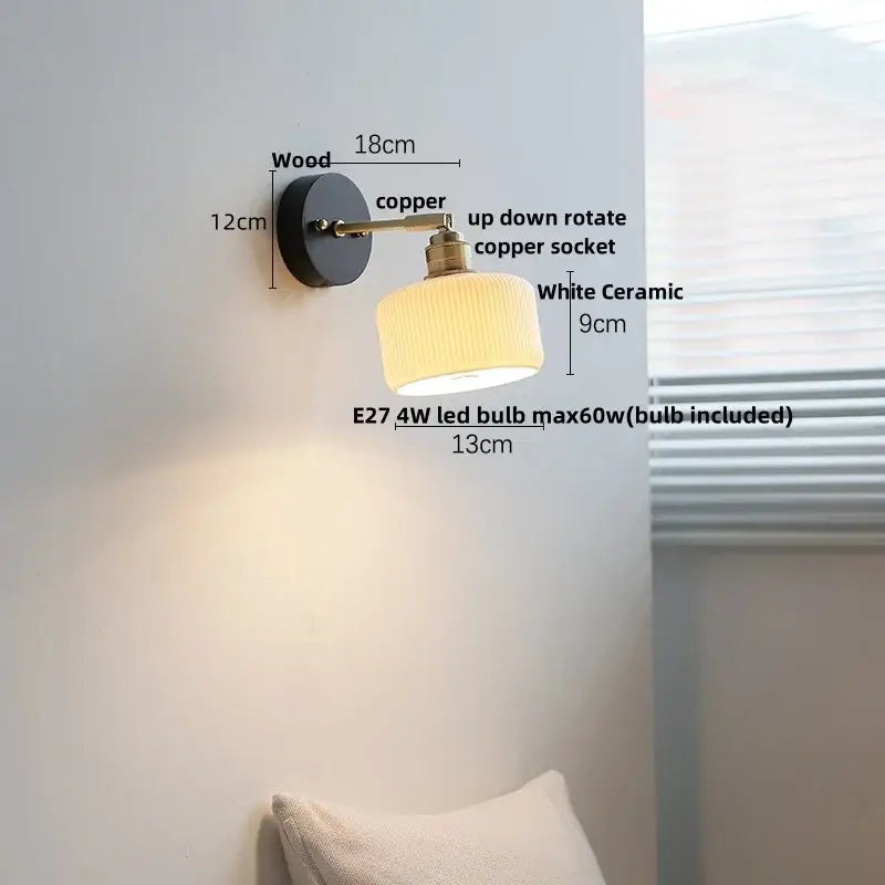 A vintage-style wall lamp with black wooden backplate copper led wall arm and white ceramic lampshade decorbites copper led