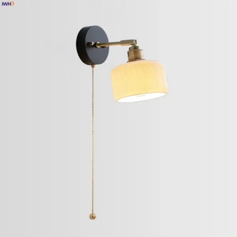 Modern ribbed glass copper led wall lamp with brass arm and black wall plate featuring decorbites copper led pull chain