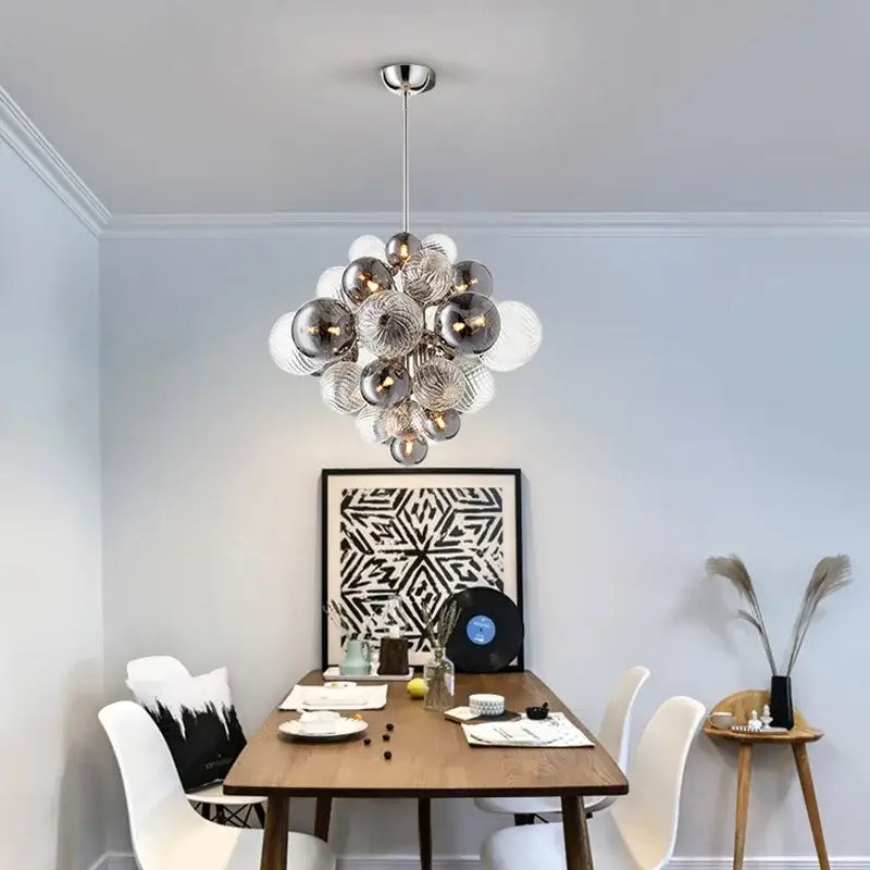 Modern ribbed glass globe led pendant light with reflective silver and clear bulbs for living room decorbites glass globe