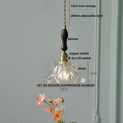 Modern ribbed glass led pendant light with clear fluted glass and dark walnut wood handle for kitchen chandelier