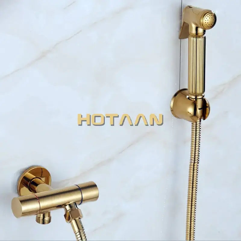 Modern ribbed gold brass hotaan handheld bidet sprayer set with flexible hose mounted on a wall fixture for hygiene