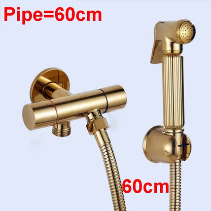 Modern ribbed gold brass bidet sprayer set with detachable handheld bidet sprayer and flexible hose for bathroom hygiene