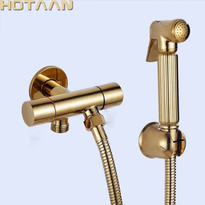 Modern ribbed gold brass bidet sprayer set with sleek handheld sprayer and matching wall-mounted valve for bathroom hygiene
