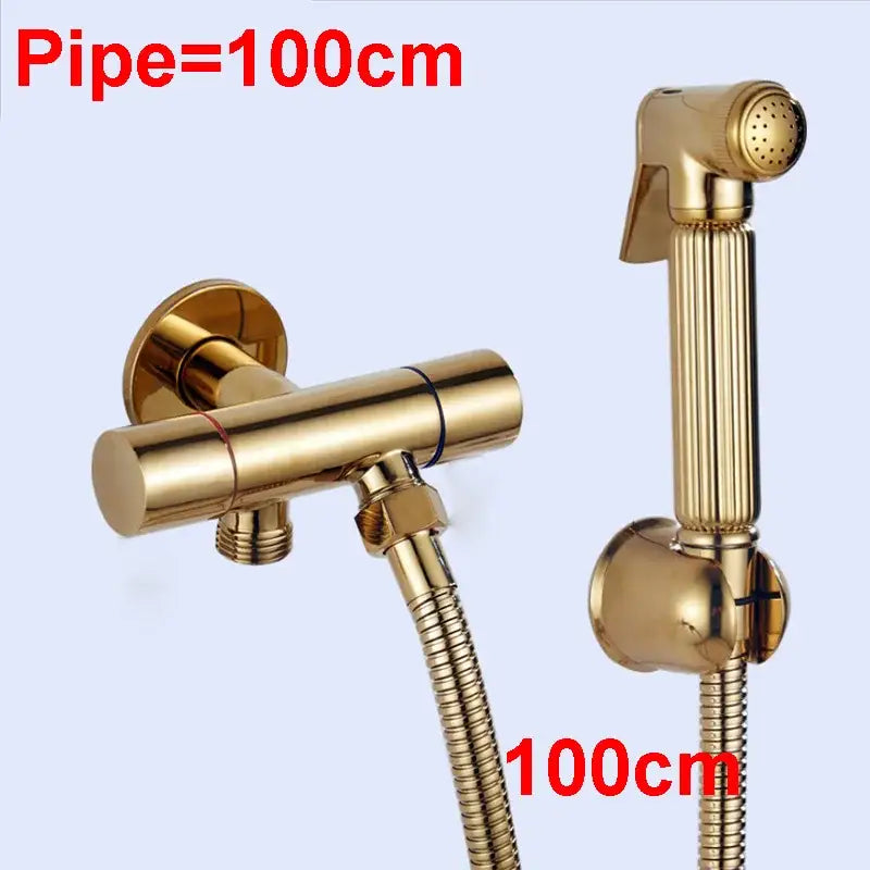Modern ribbed gold brass bidet sprayer set with sleek bathroom faucet and matching handheld bidet sprayer for hygiene