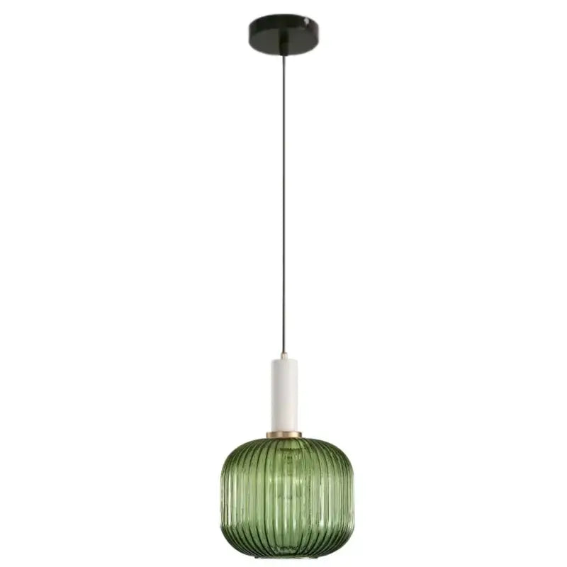 Modern ribbed green pumpkin glass pendant light with white cylindrical stem and black ceiling mount for dining room decorbites pendant lights