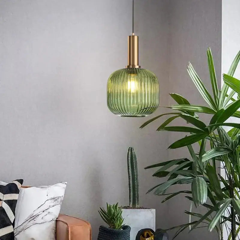 Modern ribbed green pumpkin glass pendant lights with brass finish for dining room decorbites green pumpkin glass pendant lights