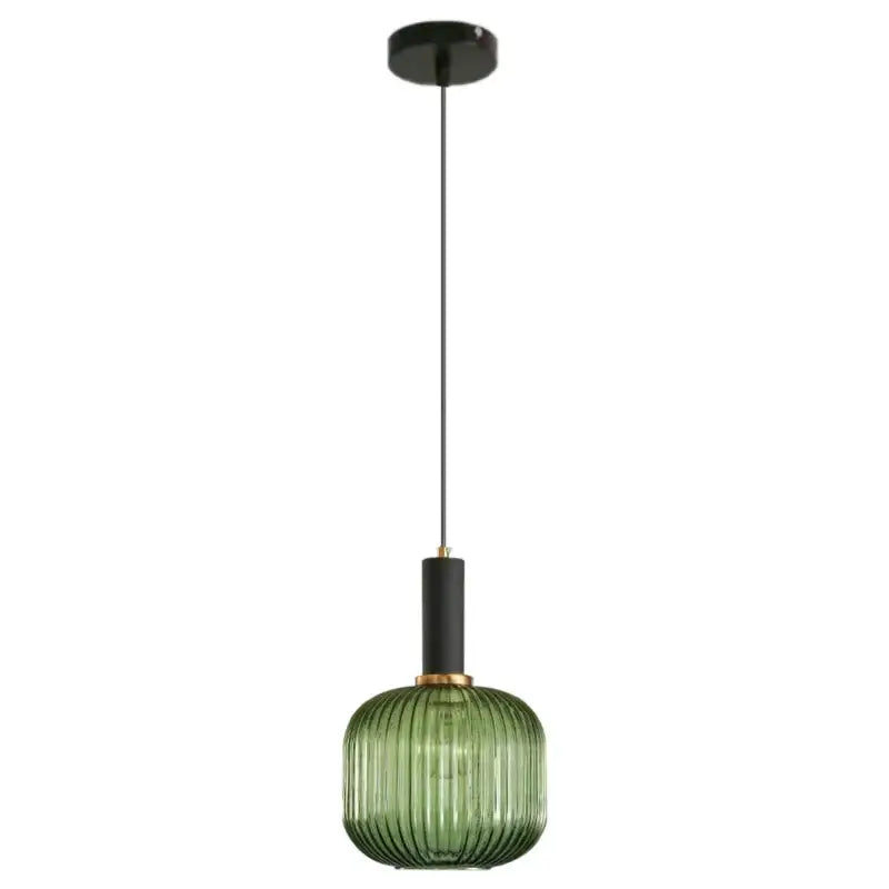 Modern ribbed green pumpkin glass pendant light with black stem and brass accents for dining room decorbites pendant lights