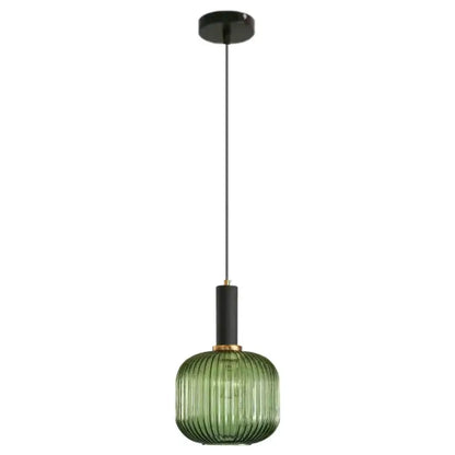 Modern ribbed green pumpkin glass pendant light with black stem and brass accents for dining room decorbites pendant lights