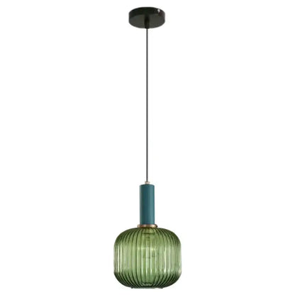 Modern ribbed green pumpkin glass pendant lights with teal cylindrical stem and black ceiling mount for dining room decorbites