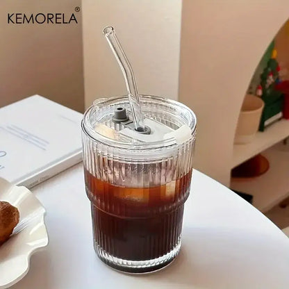 Modern clear ribbed stripe glass cup with lid and transparent straw branded kemorela for kitchen glassware use