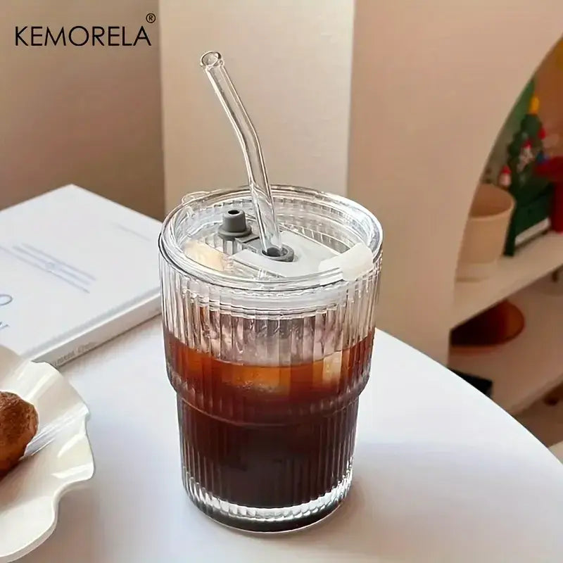 Modern clear ribbed stripe glass cup with lid and transparent straw branded kemorela for kitchen glassware use
