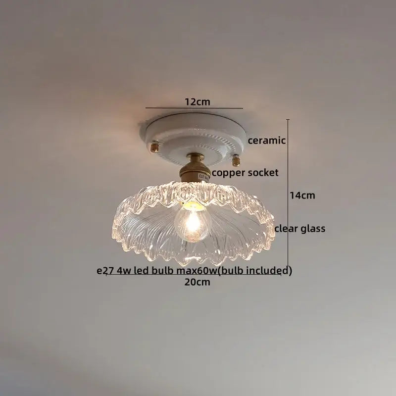Modern ridged cream ceramic led ceiling light with clear scalloped glass lampshade and brass copper socket decorbites ceramic led
