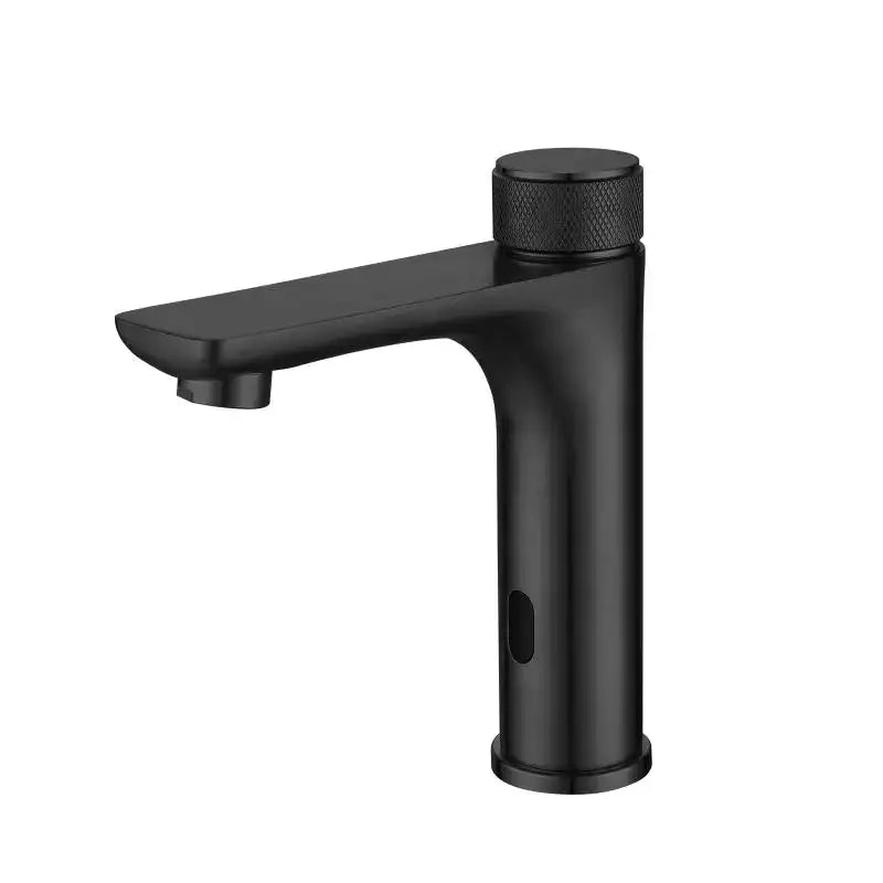 Modern ridged gold sensor mixer faucet with black matte finish single-handle touchless design and textured knob