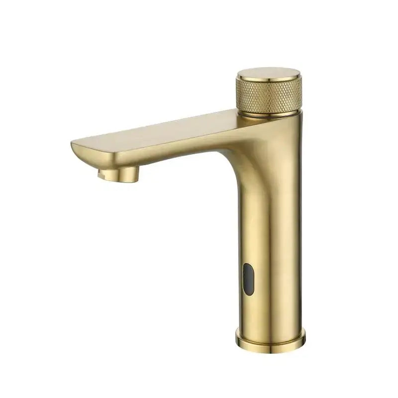 Modern ridged gold sensor mixer faucet with a single-handle touchless design and textured knob for bathroom sink use
