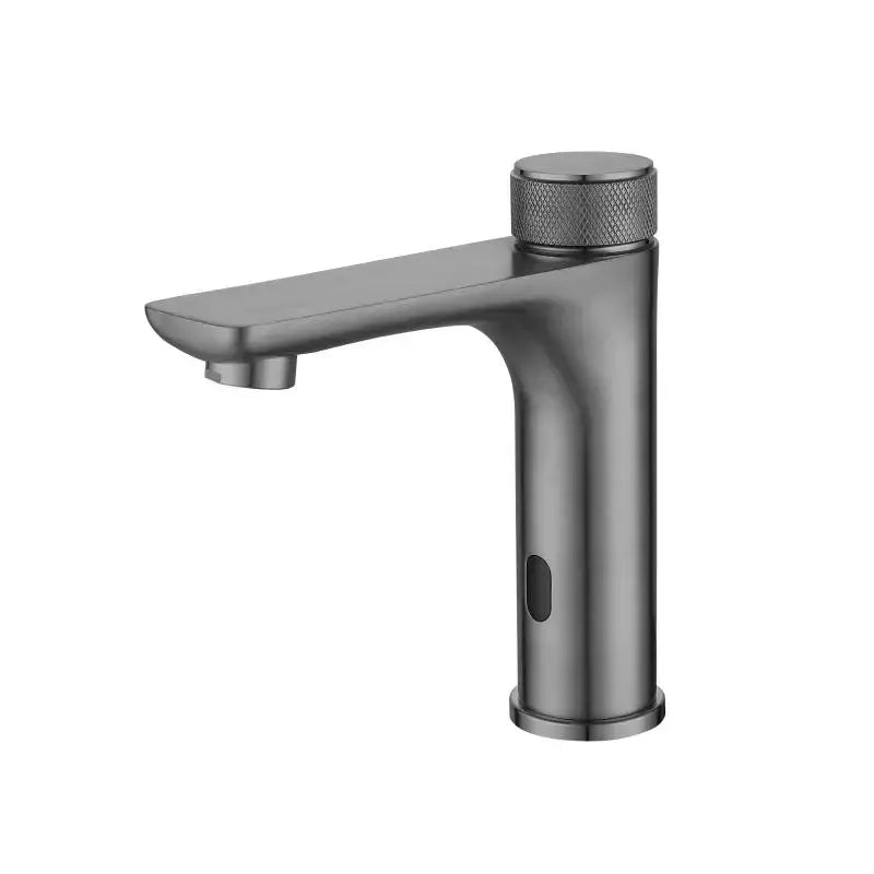 Modern matte black single-handle touchless faucet with textured knurled knob and minimalist design for bathroom sink