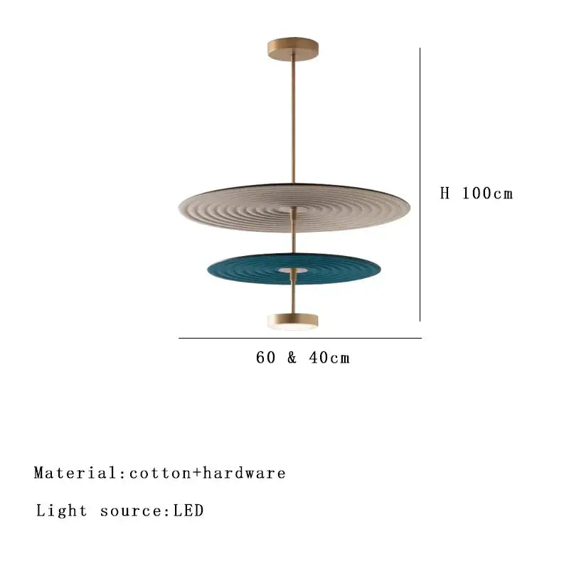 Modern ripple cotton round pendant light with beige and teal tiered discs suspended by brass rod for living room decorbites decor