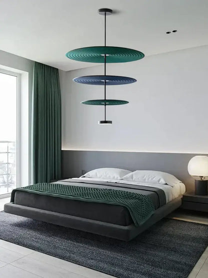 Modern ripple cotton round pendant lights featuring tiered concentric rings in teal and navy blue for living room decor