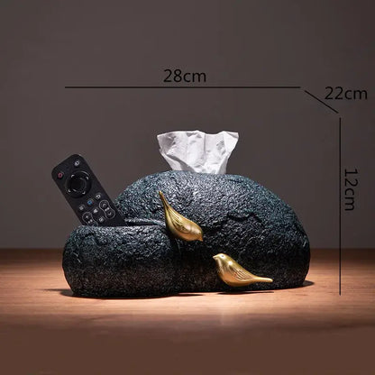 Modern rock textured black tissue box holder with two gold decorbites golden bird resin figurines for living room decor