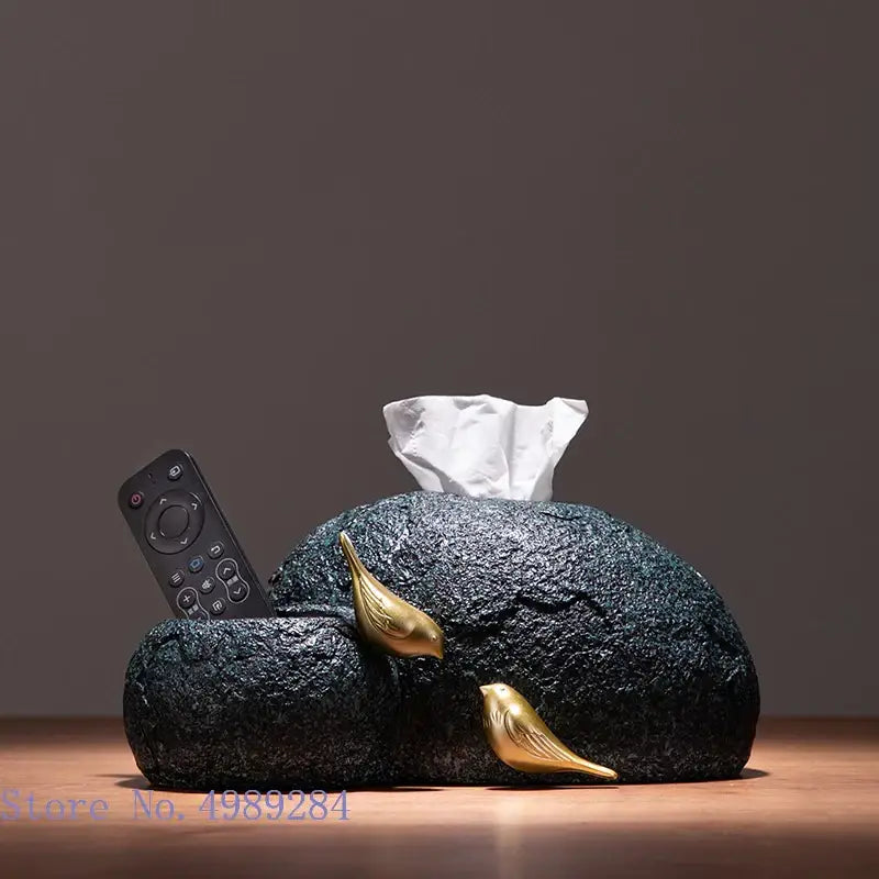 Modern rock textured black tissue box holder with two gold decorbites golden bird resin figurines for living room decor
