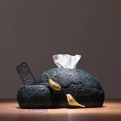 Modern rock textured black tissue box holder with two gold decorbites golden bird resin figurines for living room decor